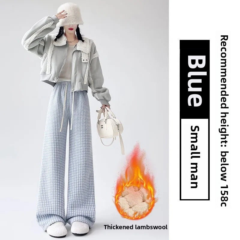 High Waist Wide Leg Pants Women's Autumn Winter New Style Lazy Casual Fleece Woolen Plaid Trousers Fashionable Comfortable