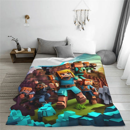 Cartoon Mines Pixel Game Crafts Flannel Blanket Super Warm Throw Blanket for Home Decor Decorative Street Trend Bedspread