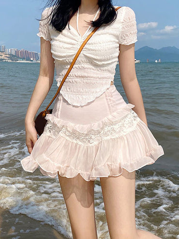 Women Ruffle Hem Skirts Summer Mini A-Line Skirts Fashion High Waist Lace Y2K Students Casual Summer Pink Skirts Outfits