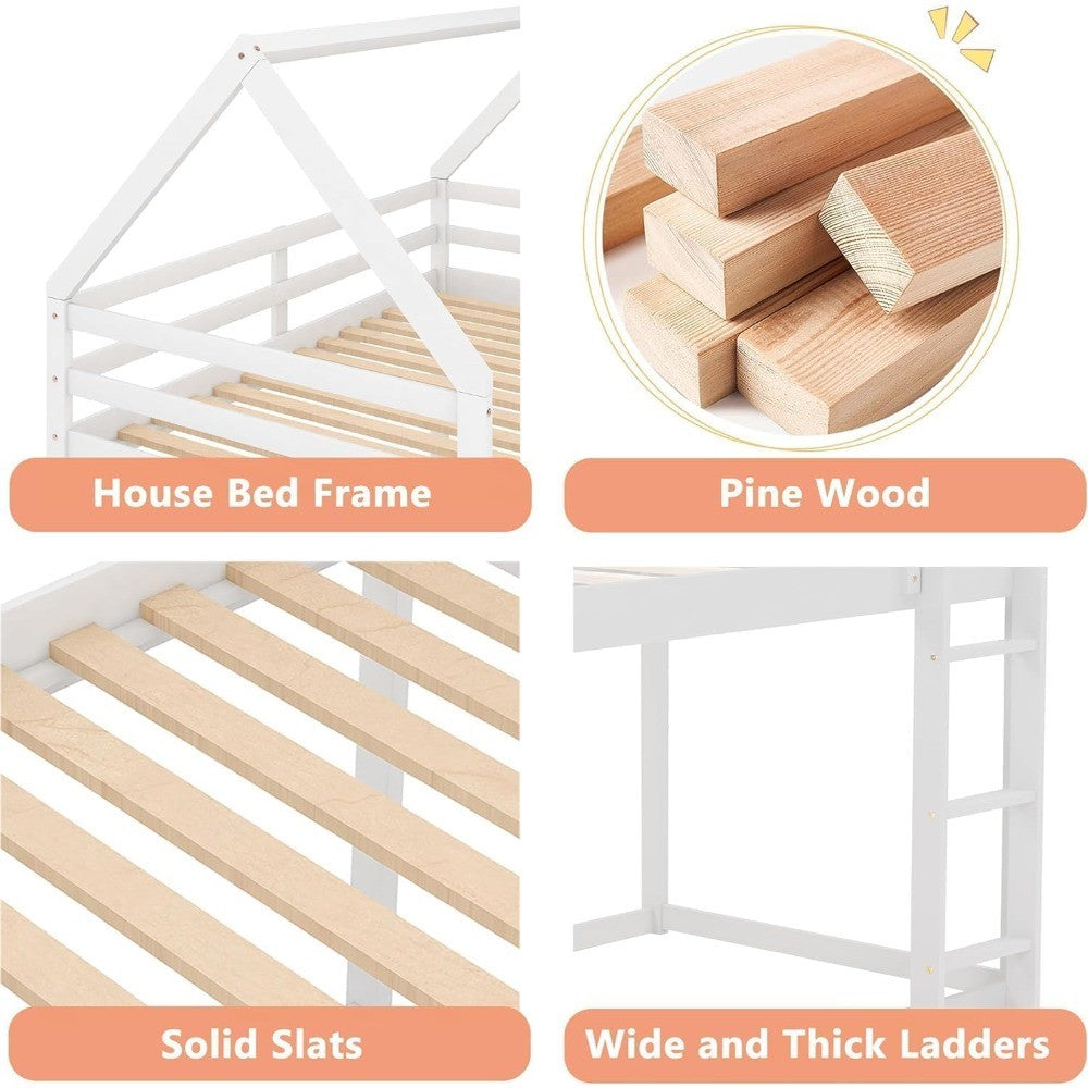 Bellemave Twin Over Twin House Bunk Bed for Kids,Floor Low Bunk Beds with Ladder and Guardrails,Solid Wood Twin Size Bunk Bed fo