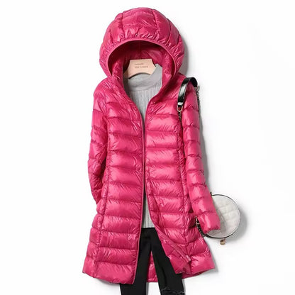 Women's X-long Office Lady Hat Detachable Puffer Jackets 2025 New Arrival Autumn Winter White Duck Down Warm Coat