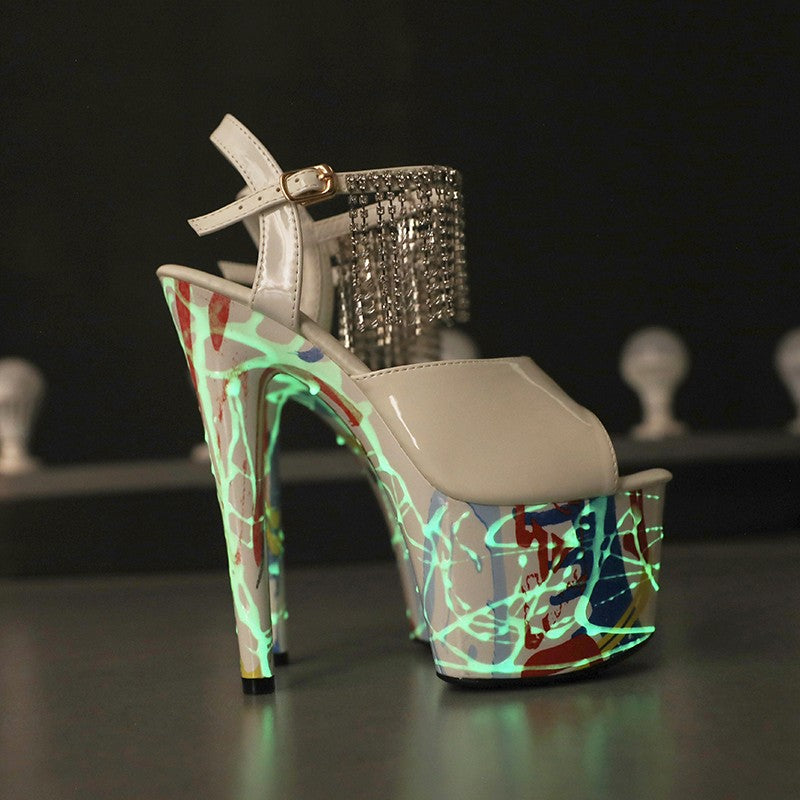 17CM Summer Shoes Women luxury Sandals Platform Ladies Shoes Stripper Womens High Heels Geometric Fluorescent Night light Heels