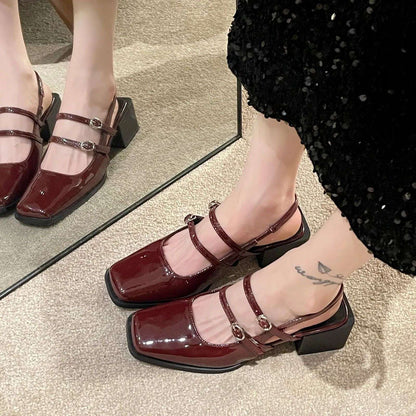 2024 Spring New Retro Small Leather Shoes Square Head Double Buckle Strap Mary Jane Thick Heels Sandals for Women