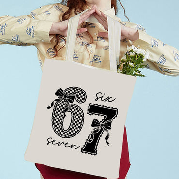 Vintage Coquette Bow 67 Number Pattern Tote Bags Canvas Shopping Bag Women's Reusable Foldable Handbag for Travel Beach Bag