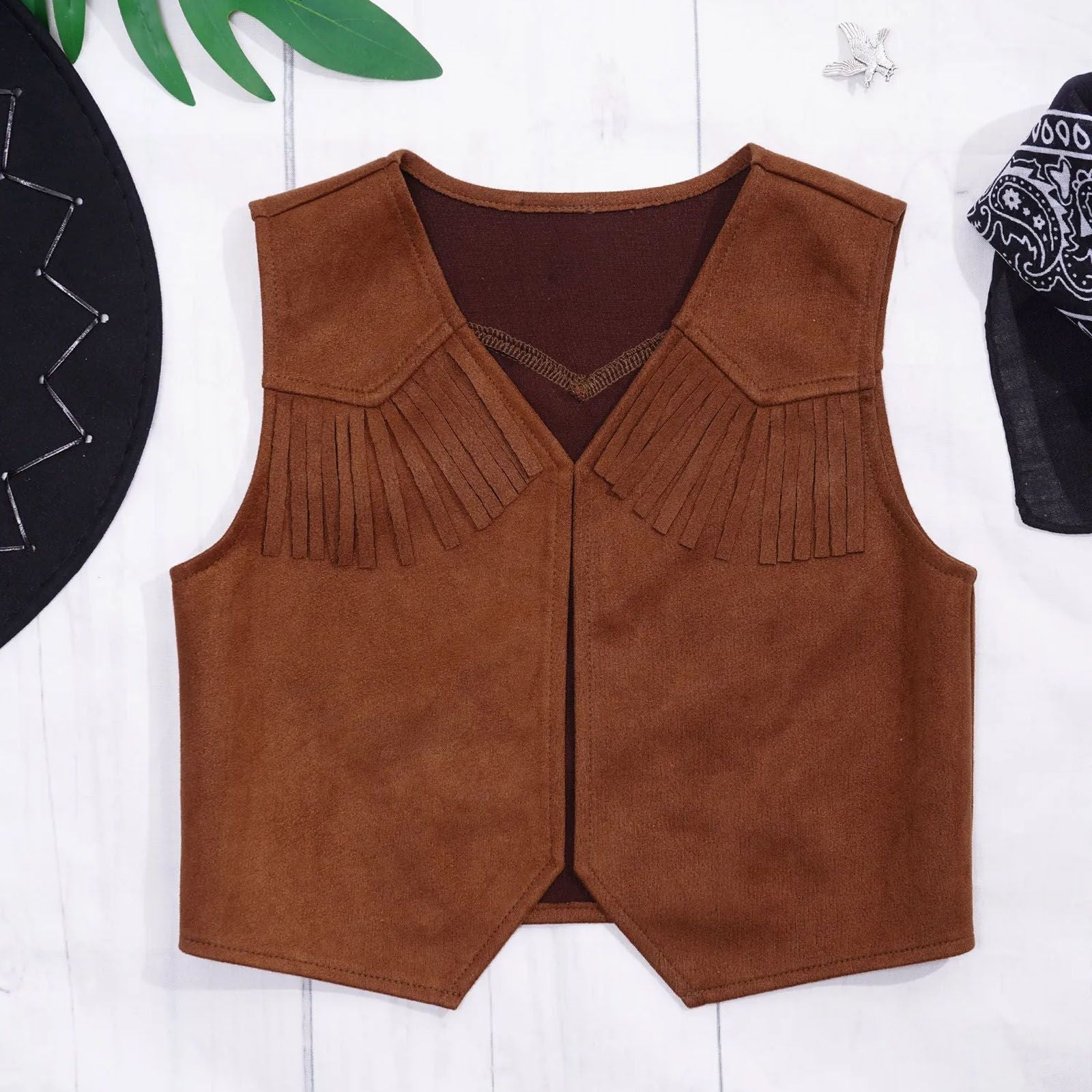 Wild West Cosplay Cowboy Cowgirl Costume Halloween Dress Up Clothes New Fringe Sleeveless Vest with Bandanna Hat Set