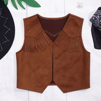 Wild West Cosplay Cowboy Cowgirl Costume Halloween Dress Up Clothes New Fringe Sleeveless Vest with Bandanna Hat Set