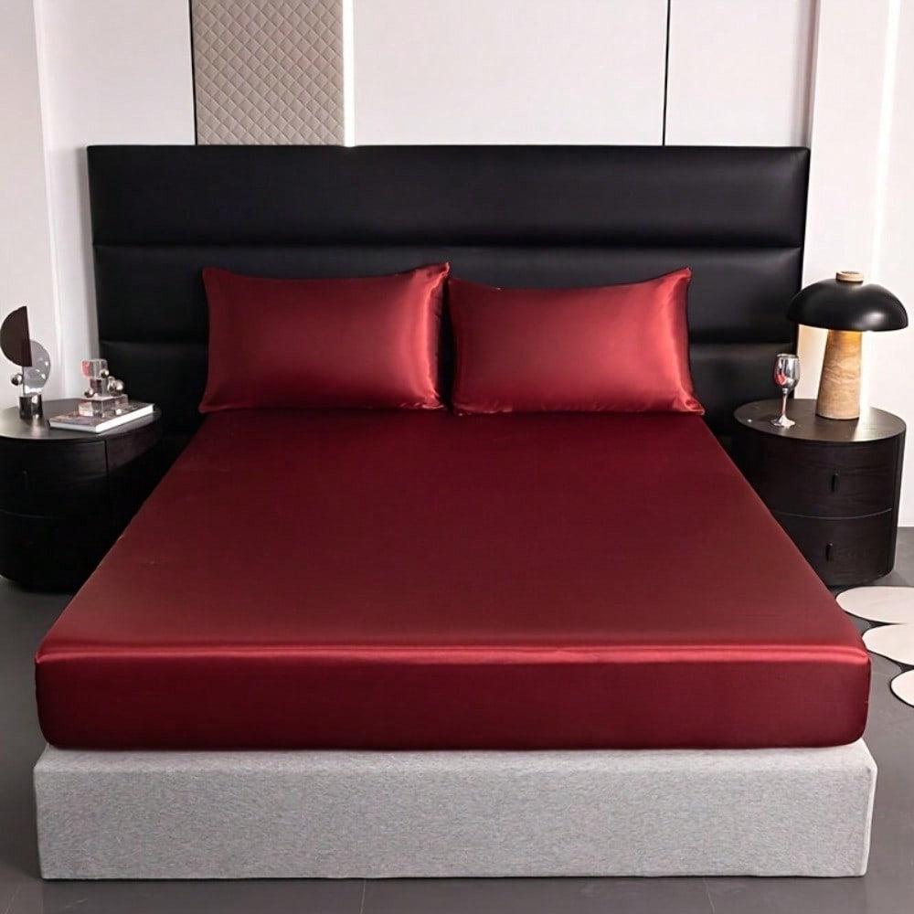2/3pcs Luxurious Solid Silky Satin Fitted Sheet With Pillowcases For Soft And Comfortable Bedding,For Bedrooms And Guest Rooms