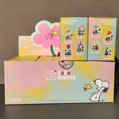 Quebra-cabeça de blocos de montar da série Original Snoopy Assemble Genuine Authorized Blind Box Supermarket Garden Furniture Scene para decoração de mesa