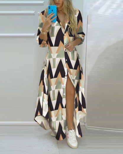 2024 Spring Autumn Sexy Polo Neck Shirt Dress Women's Long Sleeve Retro style Personalized Print Dress Casual Shirt Dress