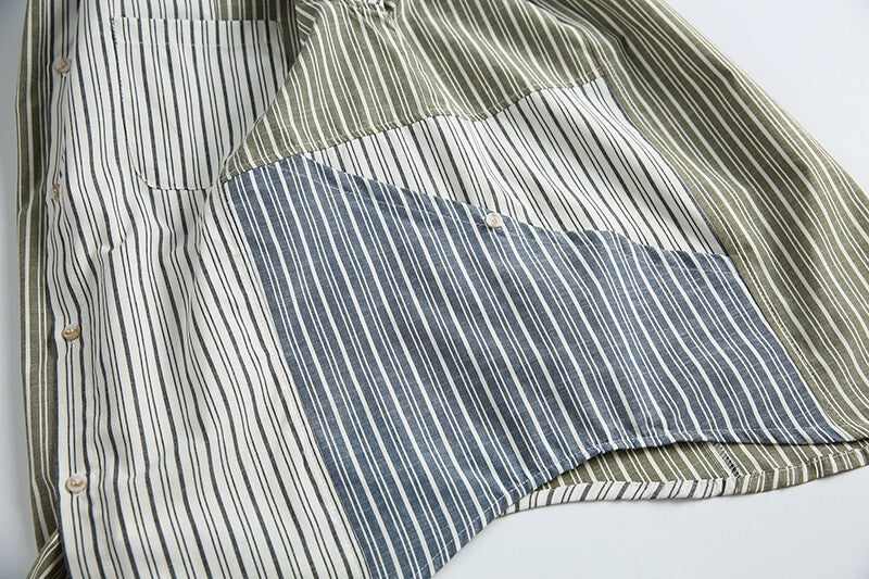 Stripe Splice Shirt Men Japnese Streetwear Fashion Loose Casual Long Sleeve Shirts Cityboy Oversize Cargo Shirts Blouses