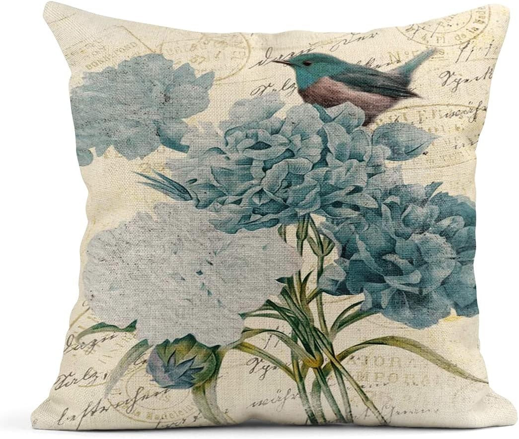 Summer Watercolor Blue Hydrangea Flowers and Birds Linen Pillow Cover Home Decoration Pillowcase Square Sofa Bed Cushion Cover