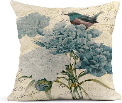 Summer Watercolor Blue Hydrangea Flowers and Birds Linen Pillow Cover Home Decoration Pillowcase Square Sofa Bed Cushion Cover