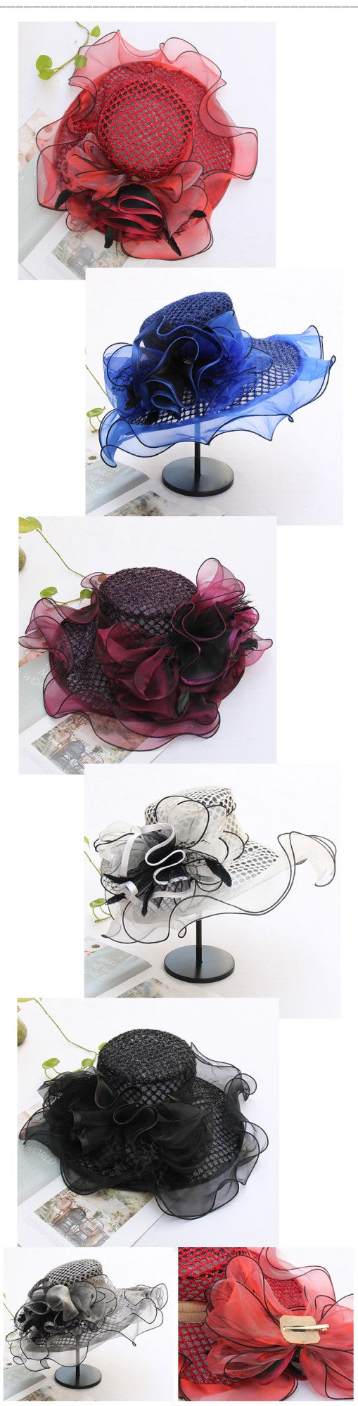FS Mulheres Organza Vermelha Chapéus Casamento Fascinadores Elegante Grande Aba Larga Fedora Kentucky Derby Chapéus Festa Formal Igreja Chapéu Feminino