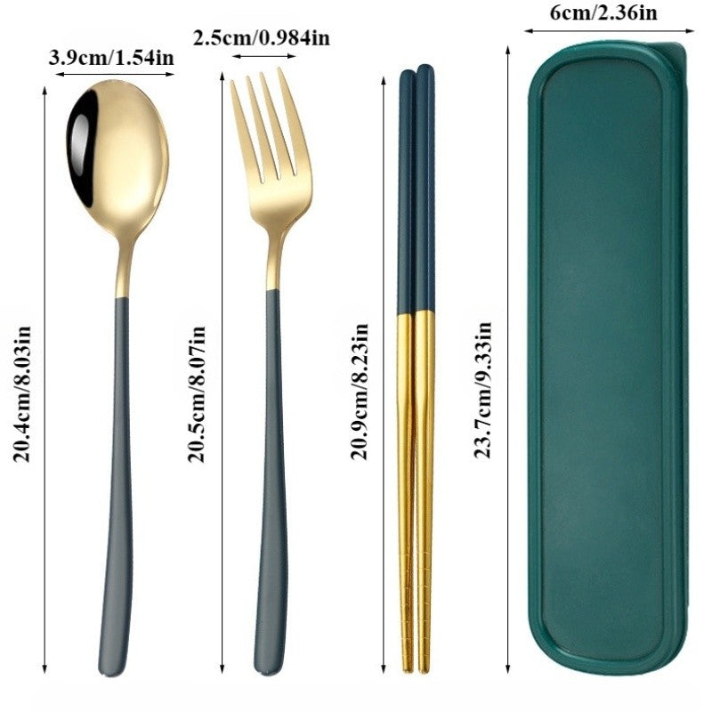 Conjunto Portátil de Utensílios de Aço Inoxidável - Colher, Garfo e Hashis de 3 Peças para Viagem, Acampamento, Almoço Escolar, Kit de Jantar Estilo Coreano