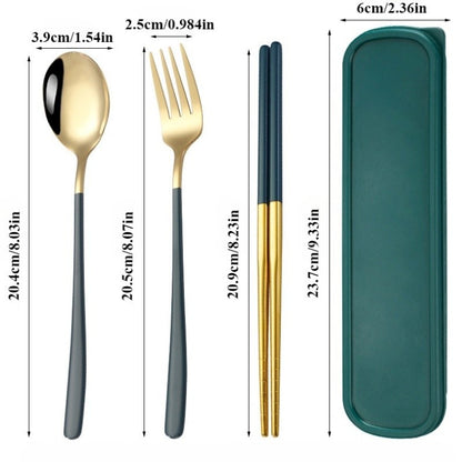 Conjunto Portátil de Utensílios de Aço Inoxidável - Colher, Garfo e Hashis de 3 Peças para Viagem, Acampamento, Almoço Escolar, Kit de Jantar Estilo Coreano