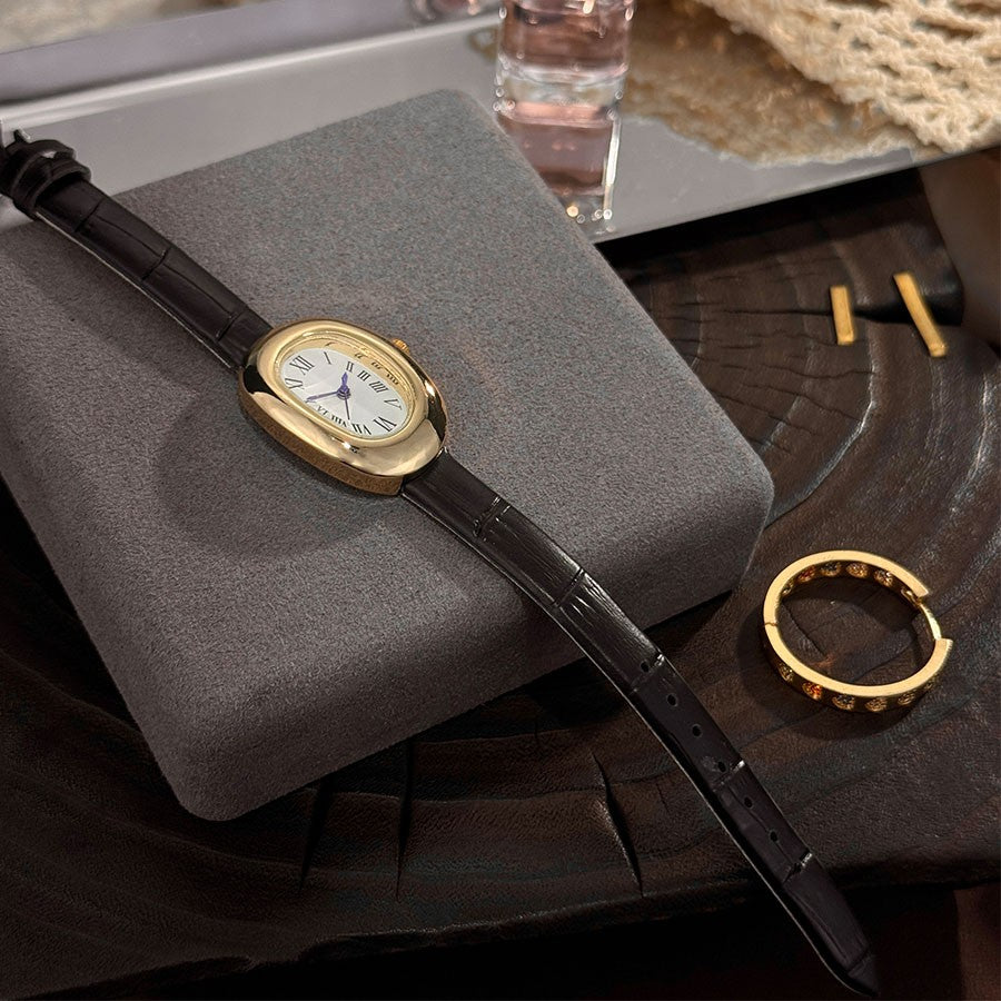 Ladies' New Oval Bathtub Egg-Shaped Belt Quartz Watch Elegant Miniature Vintage-Style Wristwatch Stylish Trendsetter