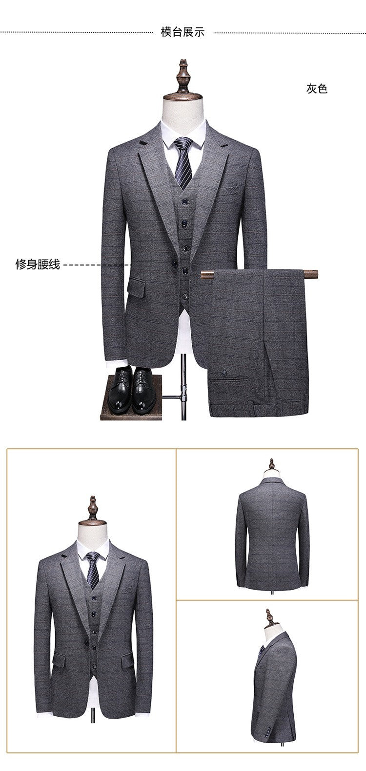 Mens Suits 3 Piece Business Office Formal Set Checkered Pattern Slim Fit Blazer Vest Pants High Quality Luxury Work Wedding