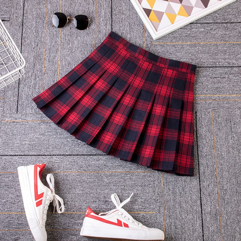 2023 Women A- line Skirt Red Plaid Skirt korean harajuku plaid skirt Spring and Autumn New Pleated High Waist Skirt