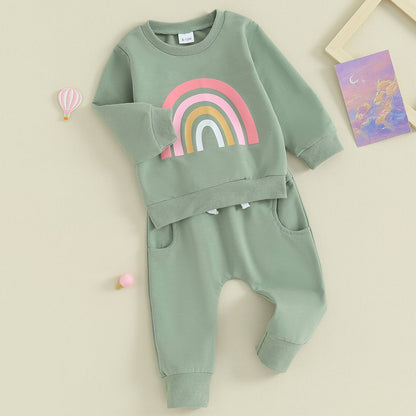 Pudcoco Infant 2PCS Baby Girls Fall Outfits Long Sleeve Rainbow Print Sweatshirt + Pants Set Toddler Clothes 3M-3T