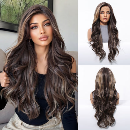 HENRY MARGU Peruca Sintética Lace Front 13x6 Peruca Longa Castanho Cinza Cabelo Ondulado Natural para Uso Diário Peruca de Fibra de Alta Temperatura