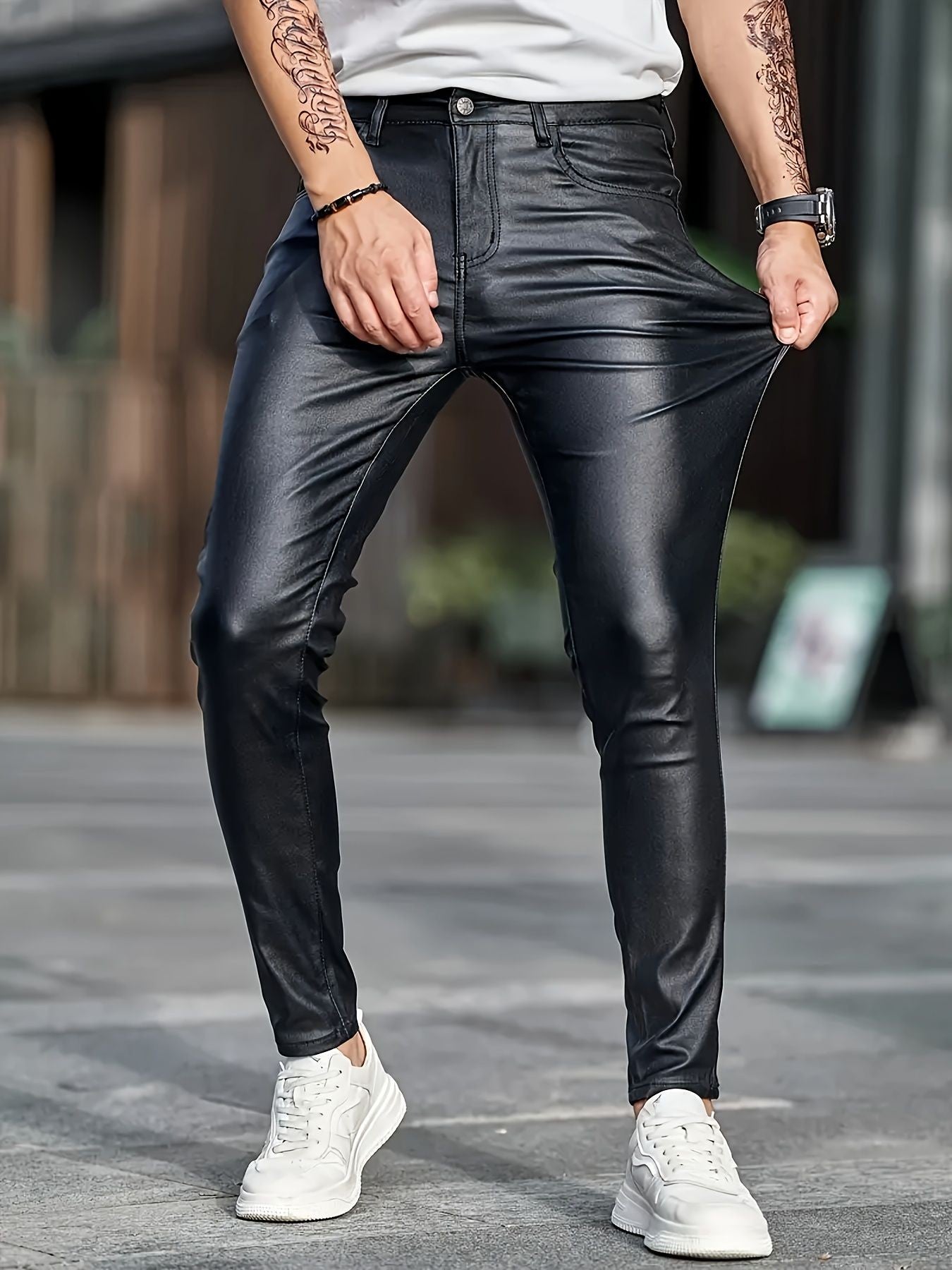 European and American men's plus size hot fashion black leather pants trend high-end slim fit small leg pants versatile pants