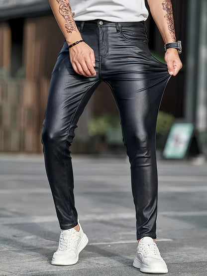 European and American men's plus size hot fashion black leather pants trend high-end slim fit small leg pants versatile pants