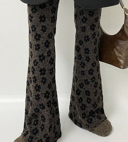 East Gate 2025 Autumn Winter New Sle Retro Print Small Flower Tight Elastic Waist Flared Pants Women Casual Long Pants
