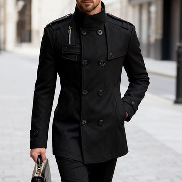 Men's Double-breasted Woolen Overcoat Fashion Solid Color Mid-length Jacket Luxury Light Business Stand Collar Trench Coat M-3XL