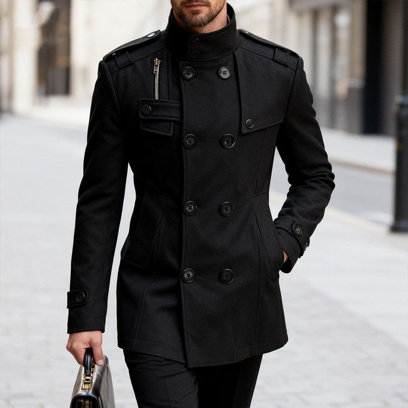 Men's Double-breasted Woolen Overcoat Fashion Solid Color Mid-length Jacket Luxury Light Business Stand Collar Trench Coat M-3XL