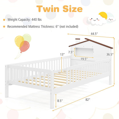 Twin Kids Bed Frame, Solid Wood Montessori Bed with Guardrails & House-Shaped Headboard, Built-in Storage Shelf, No Box