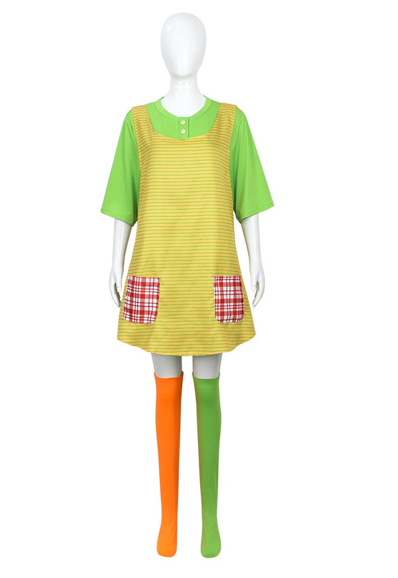 Pippi Longstocking Cosplay Costume Full Set Green T-Shirt Apron Colorful Stockings Halloween Book Character Outfit