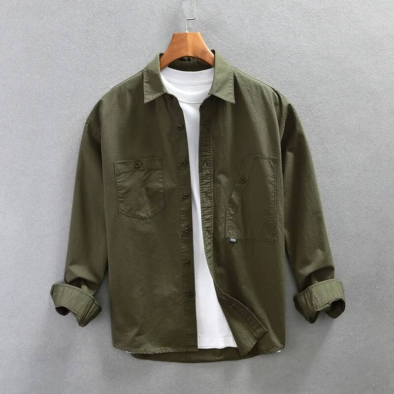 Men's Cargo Shirt Long Sleeve Premium Cotton Solid Color Japanese Streetwear Simple Handsome Chest Pocket Outdoor Work Shirst