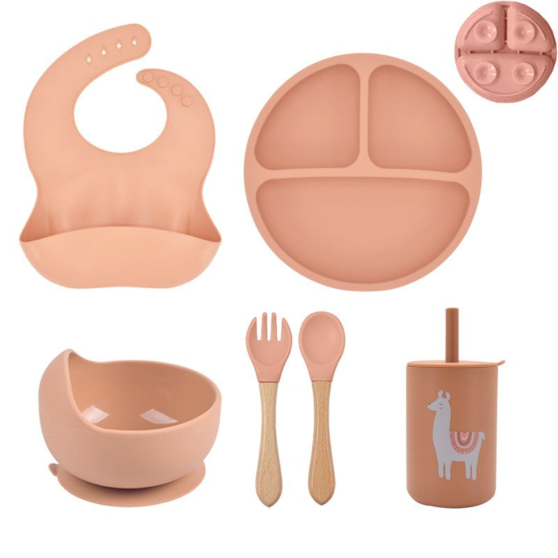 5P Baby Silicone Tableware Set Lid Divided Plate With Suction Bowls Straw Cup Wood Spoon Fork for Toddler Feeding Training Plate