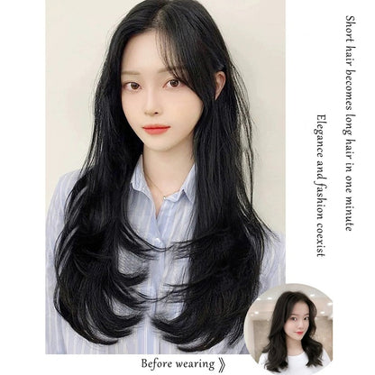 Peruca feminina com botão interno de peça única, cabelo encaracolado longo em camadas, aplique em V