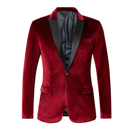 Spring Velvet Men Solid Color Temperament Suit Jacket Turndown Collar Long Sleeve Slim Fit Single Button Velvet Suit Coat