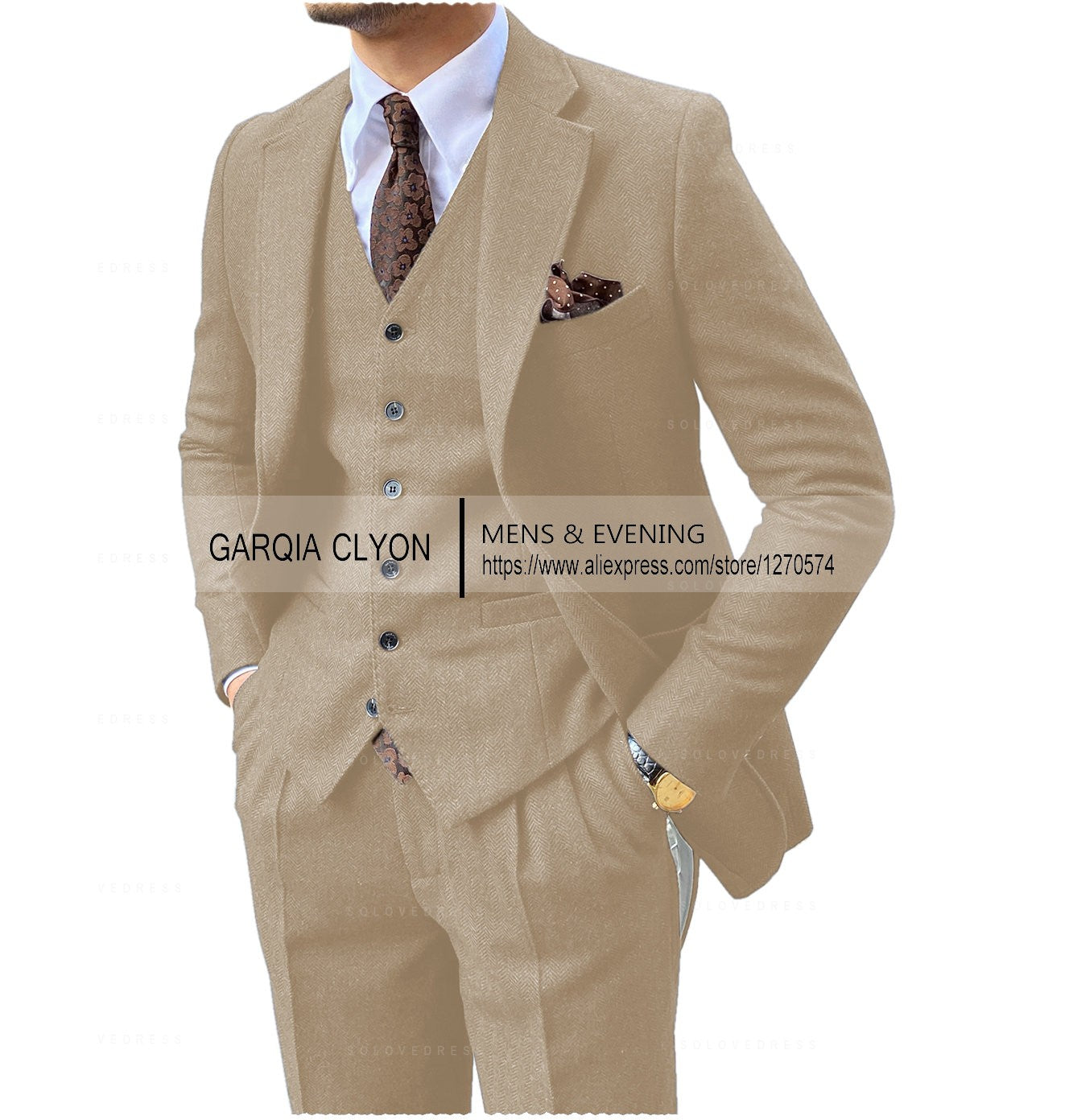 3 Pieces Men's Suits Tweed Herringbone Slim Fit Business Cauasl Waistcoat  Jacket Groomsmen Wedding Suits?Blazer+vest+Pants?