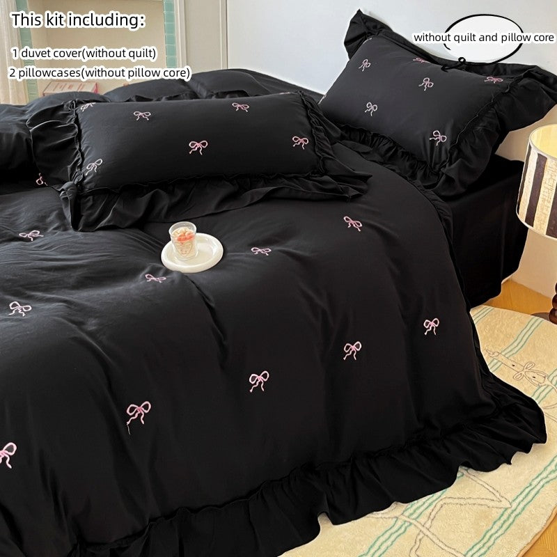 3pcs bow embroidery Bedding set ruffles Duvet Cover Set (1*Duvet Cover + 2*Pillowcase, Without Core)for bedroom guest room