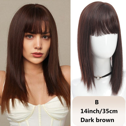 Franja sintética feminina de 25 cm/35 cm, lisa, aplique de cabelo topo, três presilhas, peruca preta/peruca marrom/peruca bege/peruca cáqui