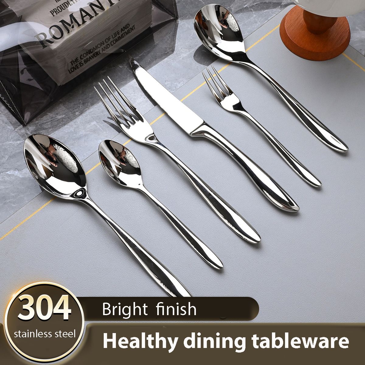 6 Peças de talheres de aço inoxidável 304, conjunto criativo de faca, garfo e colher para bife, para restaurante e hotel, conjunto de talheres de alta qualidade.