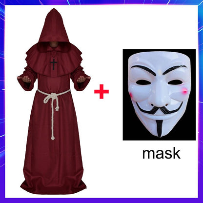 Halloween Wizard Cosplay Medieval Monk Hooded Robe Costume Mask Hat For Men Steampunk Priest Horror Masquerade Unisex Cloak Cape