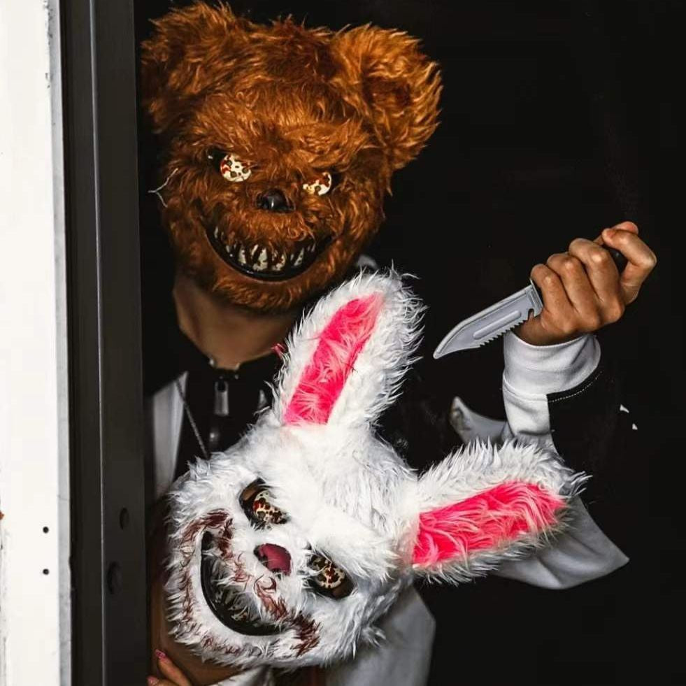 LED Bloody Rabbit Mask Glowing Killer Black Bear Mask Halloween Dance Party Cosplay Costume Props Assassinated Plush Rabbit Mask