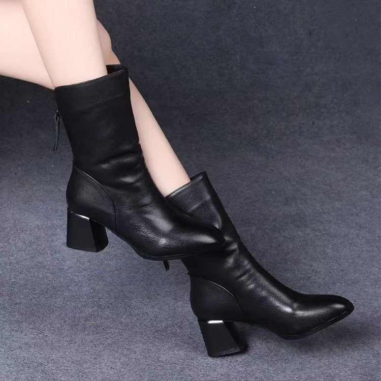 2024 New Women Versatile Leather Boots Fashion antislip high heels female Casual comfortable boot External Wear Trendy shoes