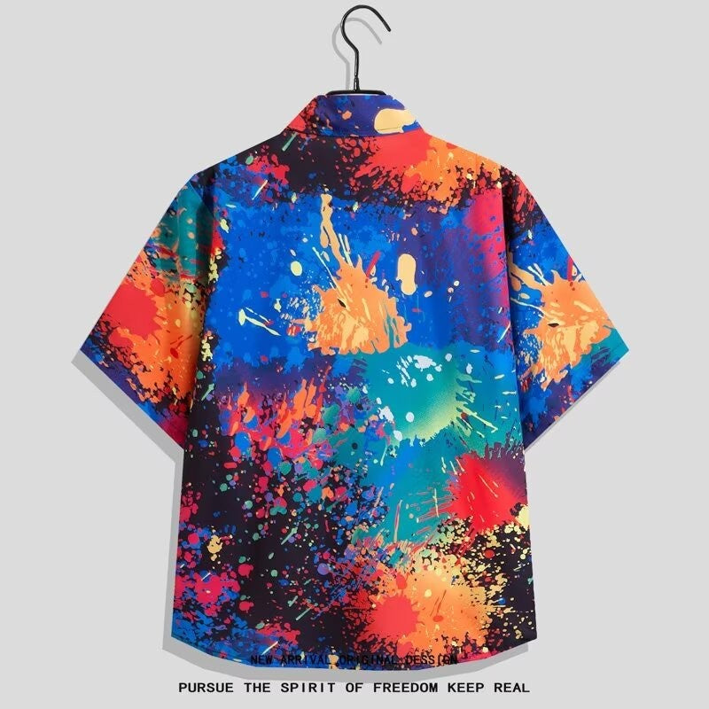 Y2K Men Oversize Street Fashion Summer Daily Shirt Hawaiian Splash-ink Print Casual Loose Short Sleeve Beach Shirts For Man Tops