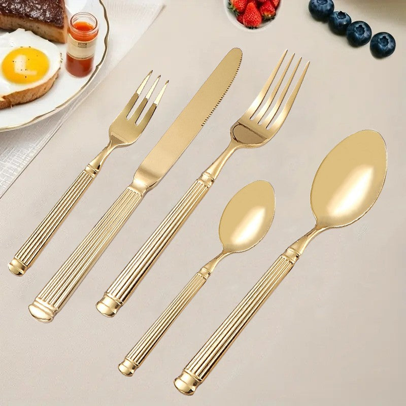 Conjunto de talheres de aço inoxidável com coluna romana de 30 peças, incluindo faca, garfo, colher, garfo de chá e colher de chá.