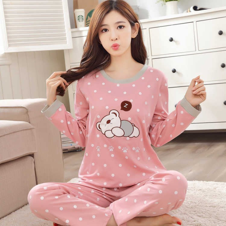 Autumn Thin 2pieces Pyjamas Set Women 2025 Round Neck Girls Bear Pajamas Sets Teacup Cat Full Sleepwear Tops lovers Pajama Mujer