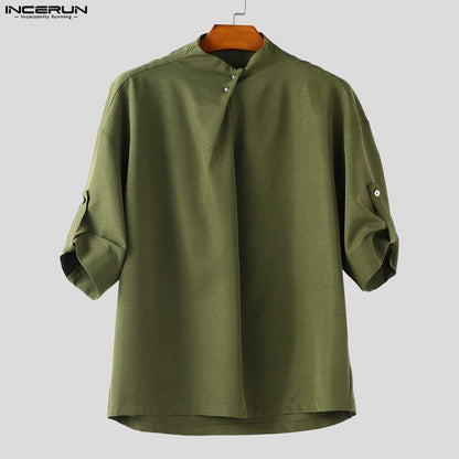 INCERUN Men Sets Solid Color Pleated Shirt & Pants Two Pieces Sets Loose Streetwear 2025 Fashion Men's Casual Suits S-5XL