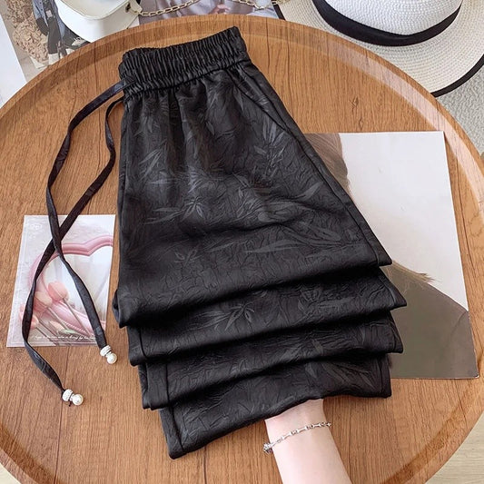 Plus Size Acetate Wide Leg Pants Women's Spring Autumn National Style Print High Waist Slimming Drapey Cool Large Size Women'...