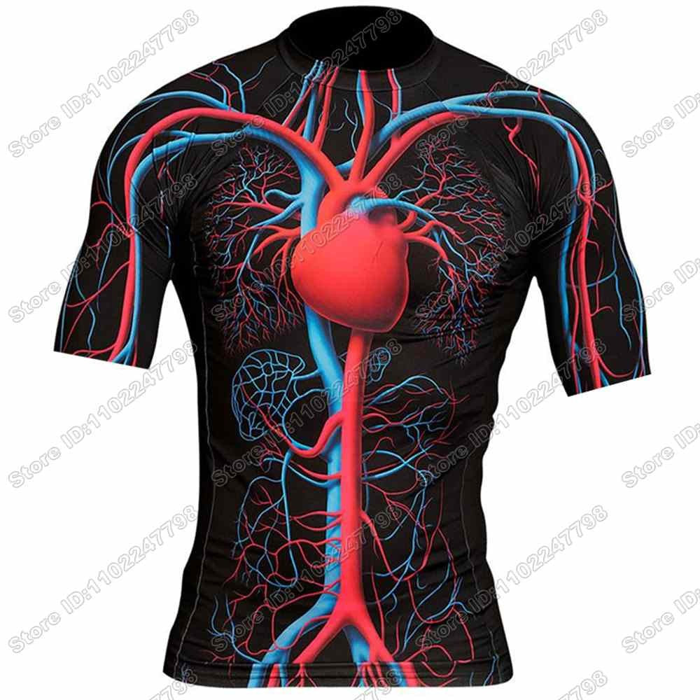 Human Circulatory System Rash Guard Jiu Jitsu BJJ MMA T-shirt Compression Shirt Long Sleeve Surfing Jersey Beach Diving Tops