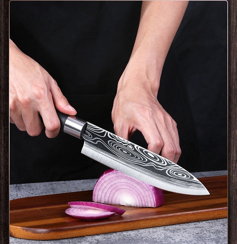 Kitchen Knives Scissors Sharpening Rod Set Laser Damascus Pattern Utility Stainless Steel Sharp Slicing Chef knife Cooking Tool