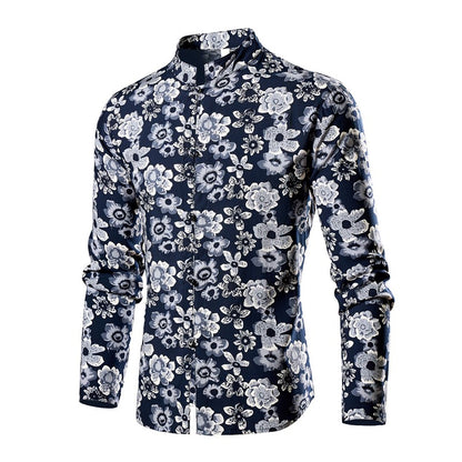 Chinese Style Men's Stand-up Collar Long-sleeved Shirt, Single-breasted Printed Shirts, Fashion Casual Camisas, Red Green Blue